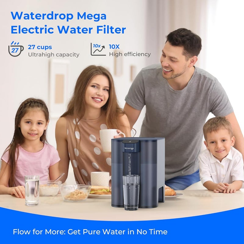 Waterdrop موزع فلتر مياه كهربائي ضخم سعة 27 كوب، إبريق قابل لإعادة الشحن سعة 200 جالون، معتمد من NSF/ANSI 42&53&401&372، يقلل من PFAS، الرصاص، الكلور، مع 1 فلتر، أزرق، لا يقلل من TDS - Image 2